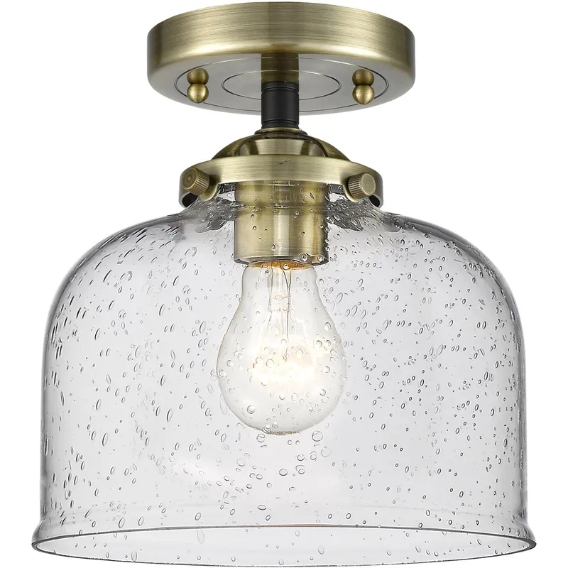 Nouveau Large Bell LED 8 inch Black Antique Brass Semi-Flush Mount Ceiling Light in Seedy Glass, Nouveau
