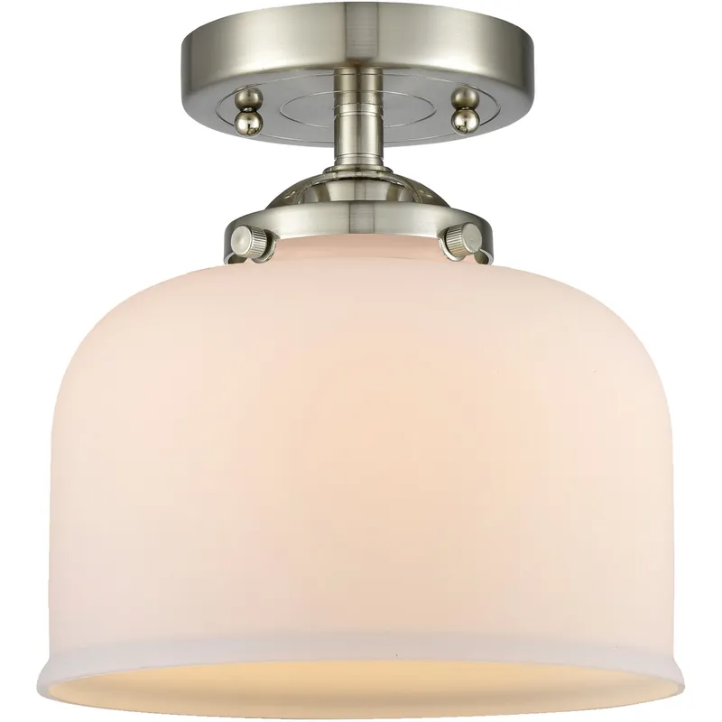 Nouveau Large Bell LED 8 inch Brushed Satin Nickel Semi-Flush Mount Ceiling Light in Matte White Glass, Nouveau