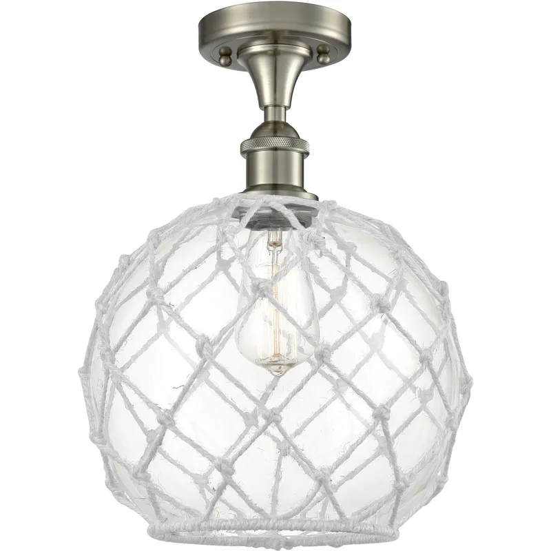 Edison Farmhouse Rope 1 Light 10 inch Brushed Satin Nickel Semi-Flush Mount Ceiling Light in Clear Glass with White Rope