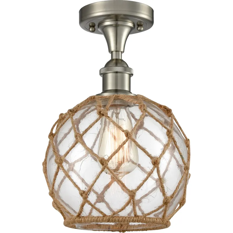 Ballston Farmhouse Rope LED 8 inch Brushed Satin Nickel Semi-Flush Mount Ceiling Light in Clear Glass with Brown Rope, Ballston