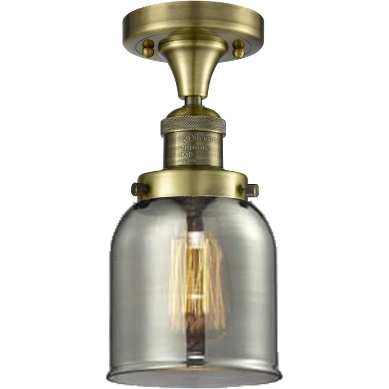 Franklin Restoration Small Bell 1 Light 5 inch Antique Brass Semi-Flush Mount Ceiling Light in Light Smoke Glass, Franklin Restoration