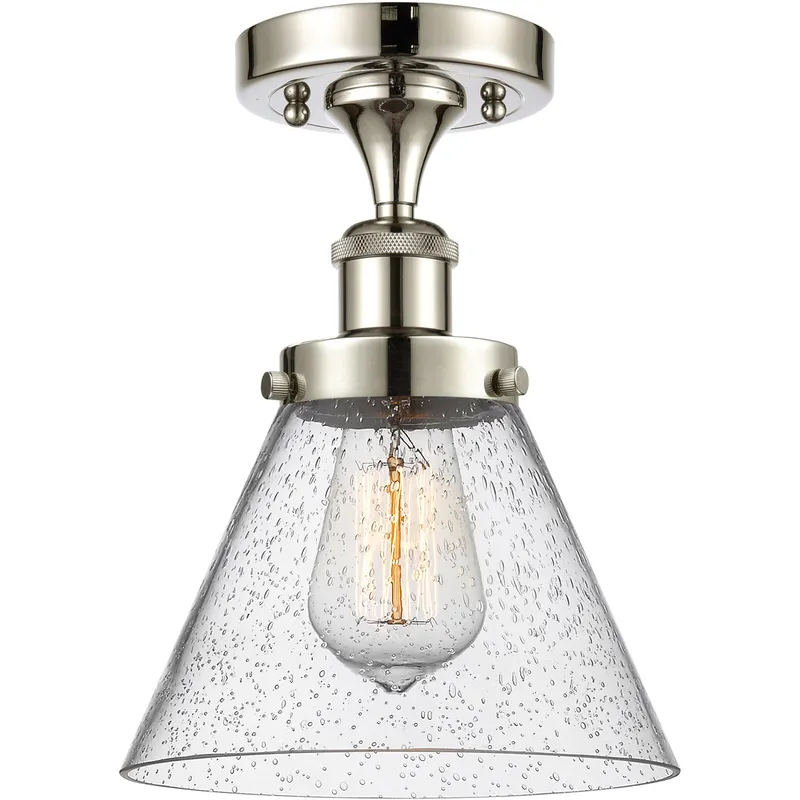 Ballston Large Cone LED 8 inch Polished Nickel Semi-Flush Mount Ceiling Light in Seedy Glass