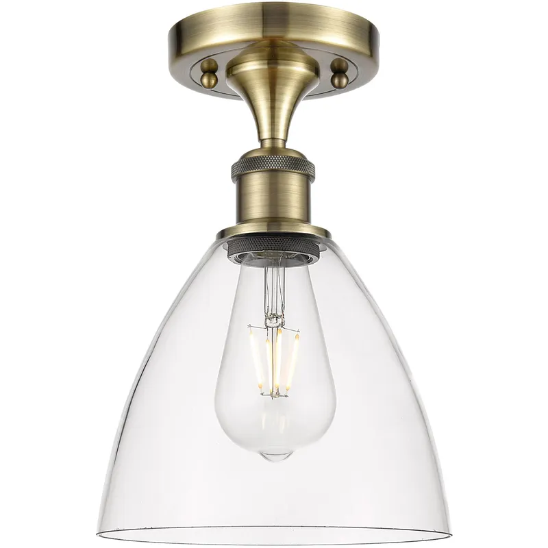 Ballston Dome LED 7.5 inch Antique Brass Semi-Flush Mount Ceiling Light in Clear Glass