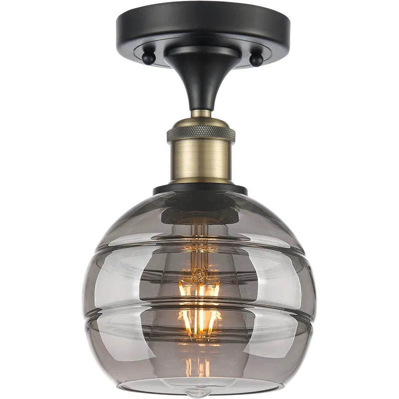 Edison Rochester 1 Light 5.88 inch Black Antique Brass Semi-Flush Mount Ceiling Light in Light Smoke Glass