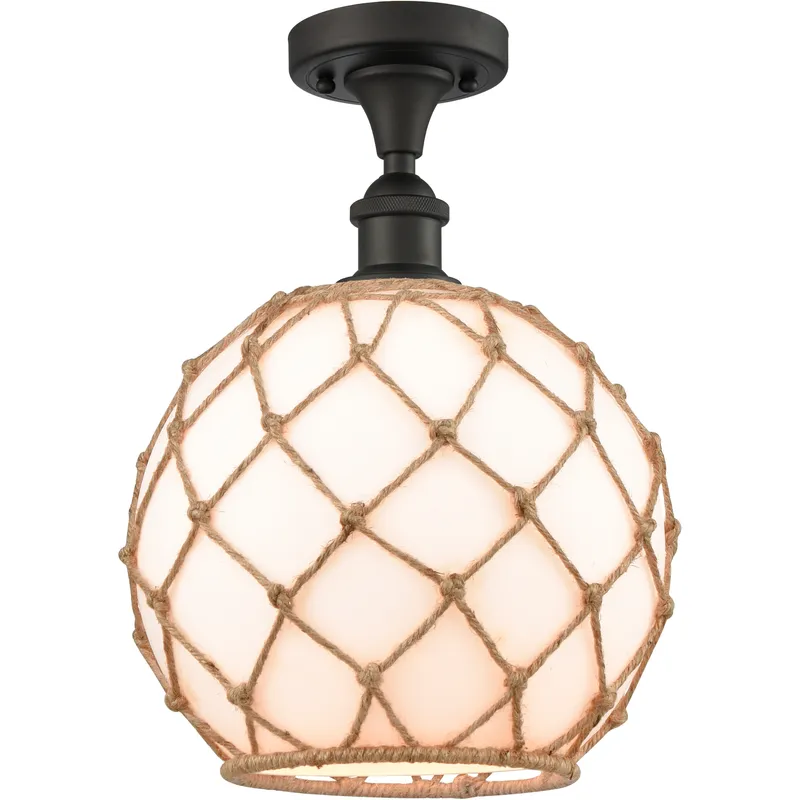 Edison Farmhouse Rope 1 Light 10 inch Oil Rubbed Bronze Semi-Flush Mount Ceiling Light in White Glass with Brown Rope