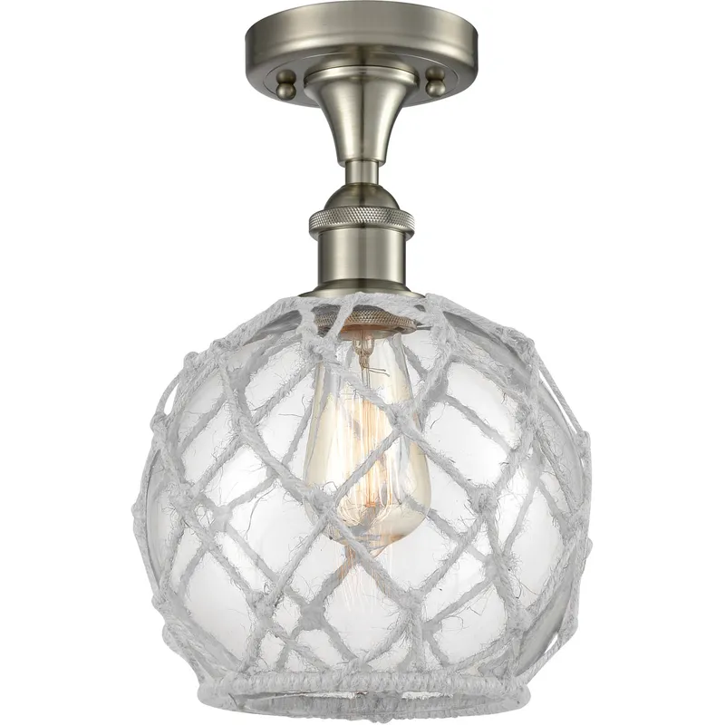 Ballston Farmhouse Rope LED 8 inch Brushed Satin Nickel Semi-Flush Mount Ceiling Light in Clear Glass with White Rope, Ballston