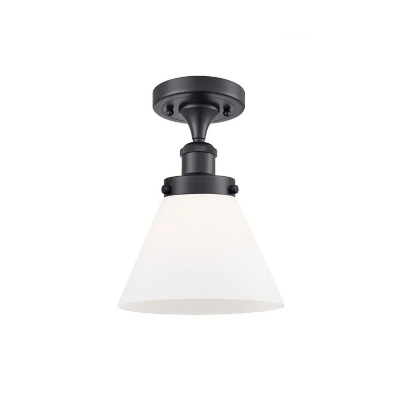 Ballston Large Cone LED 8 inch Matte Black Semi-Flush Mount Ceiling Light in Matte White Glass, Ballston