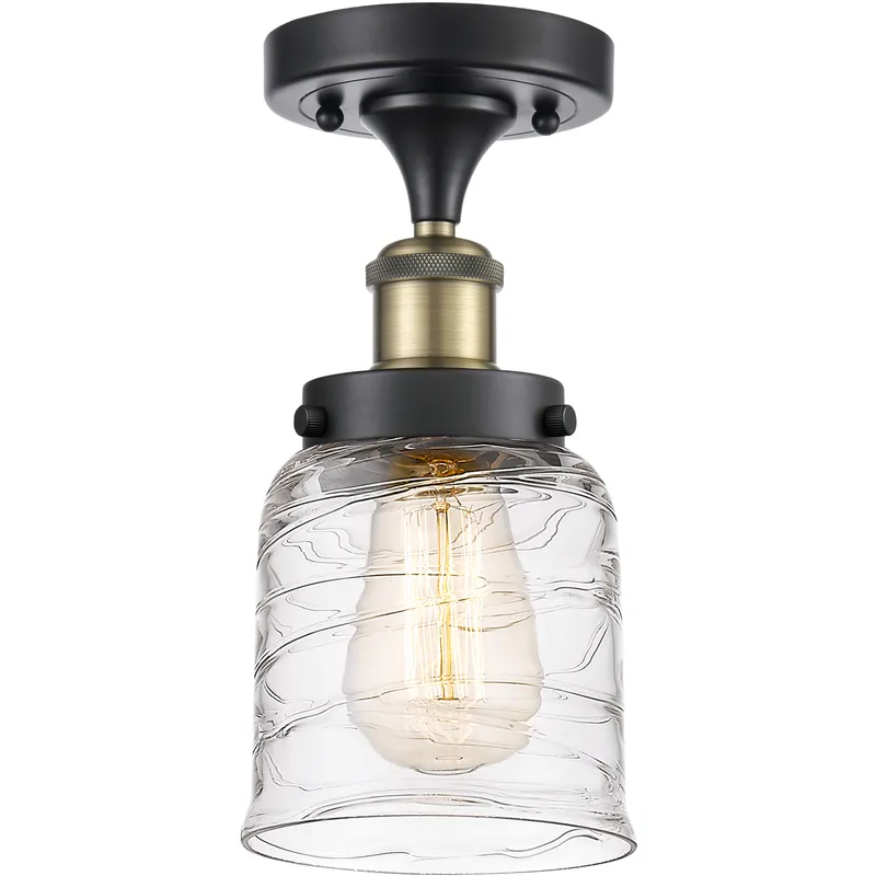 Bell 1 Light 5 inch Black Antique Brass Semi-Flush Mount Ceiling Light in Clear Deco Swirl Glass