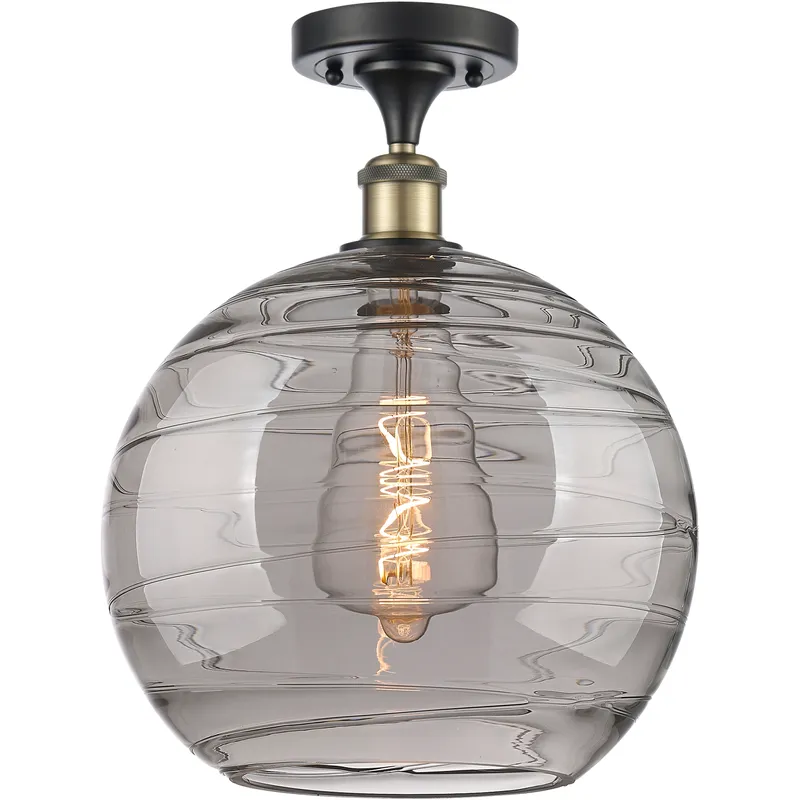 Edison Athens Deco Swirl 1 Light 12 inch Black Antique Brass Semi-Flush Mount Ceiling Light in Light Smoke Deco Swirl Glass