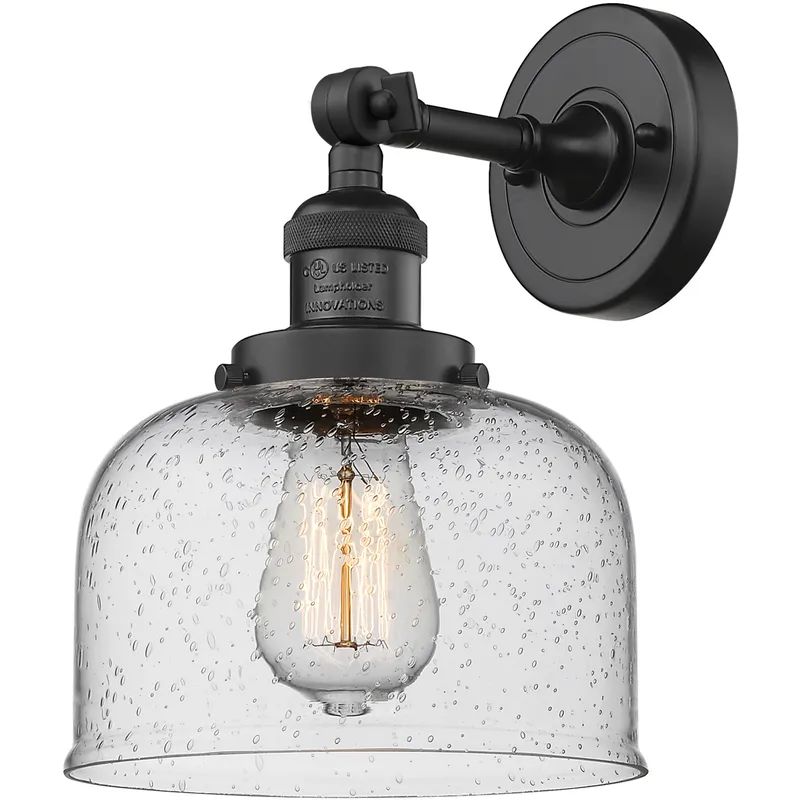 Franklin Restoration Large Bell 1 Light 8 inch Matte Black Semi-Flush Mount Ceiling Light in Seedy Glass, Franklin Restoration