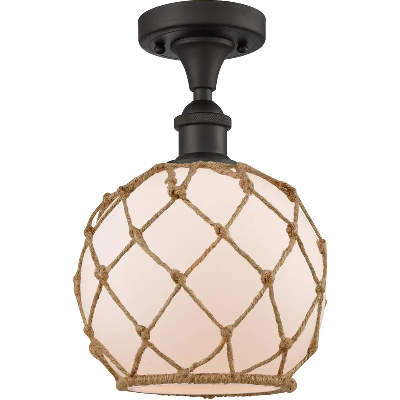 Ballston Farmhouse Rope LED 8 inch Oil Rubbed Bronze Semi-Flush Mount Ceiling Light in White Glass with Brown Rope, Ballston