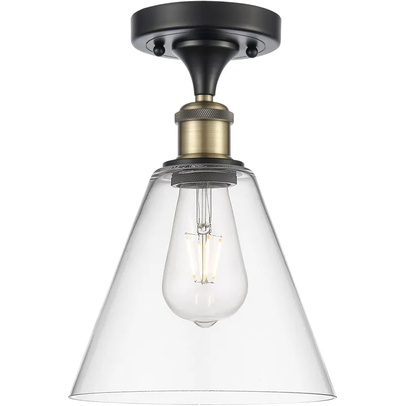Ballston Cone 1 Light 8 inch Black Antique Brass Semi-Flush Mount Ceiling Light in Clear Glass