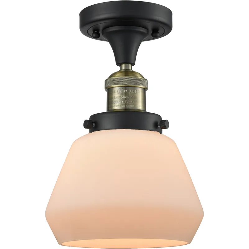 Franklin Restoration Fulton LED 7 inch Black Antique Brass Semi-Flush Mount Ceiling Light in Matte White Glass, Franklin Restoration