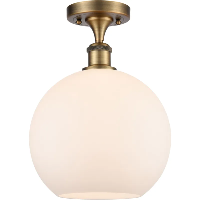 Ballston Large Athens LED 10 inch Brushed Brass Semi-Flush Mount Ceiling Light in Matte White Glass, Ballston