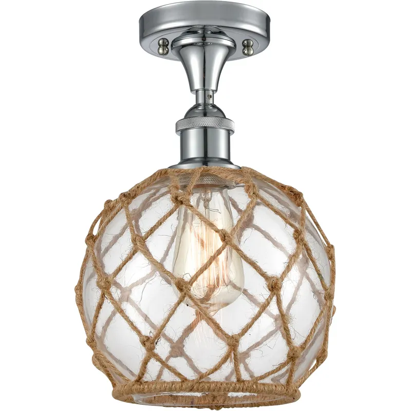 Ballston Farmhouse Rope LED 8 inch Polished Chrome Semi-Flush Mount Ceiling Light in Clear Glass with Brown Rope, Ballston