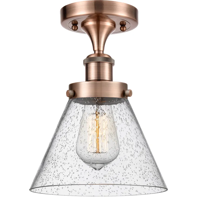 Ballston Large Cone LED 8 inch Antique Copper Semi-Flush Mount Ceiling Light in Seedy Glass