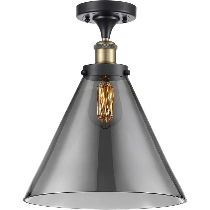 Ballston X-Large Cone 1 Light 8 inch Black Antique Brass Semi-Flush Mount Ceiling Light in Light Smoke Glass