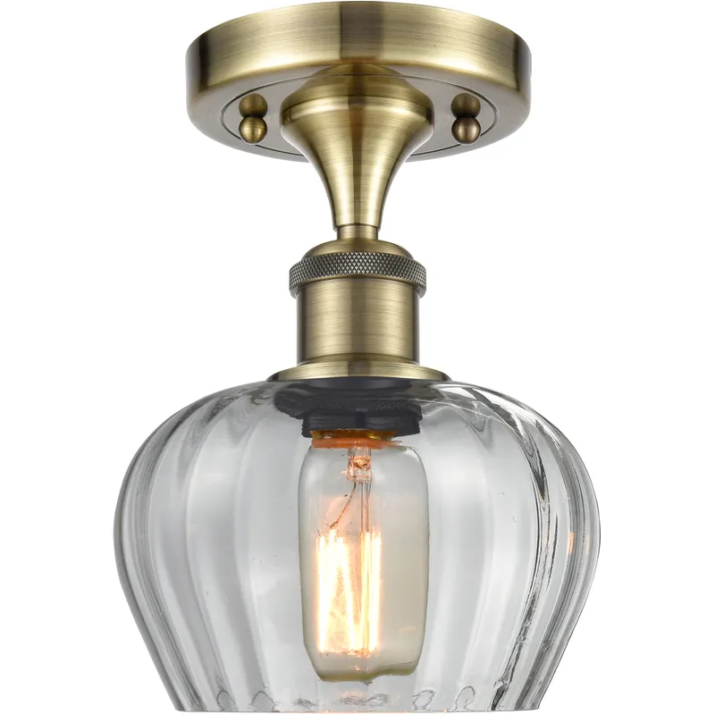 Fenton 1 Light 6.5 inch Antique Brass Semi-Flush Mount Ceiling Light in Clear Glass