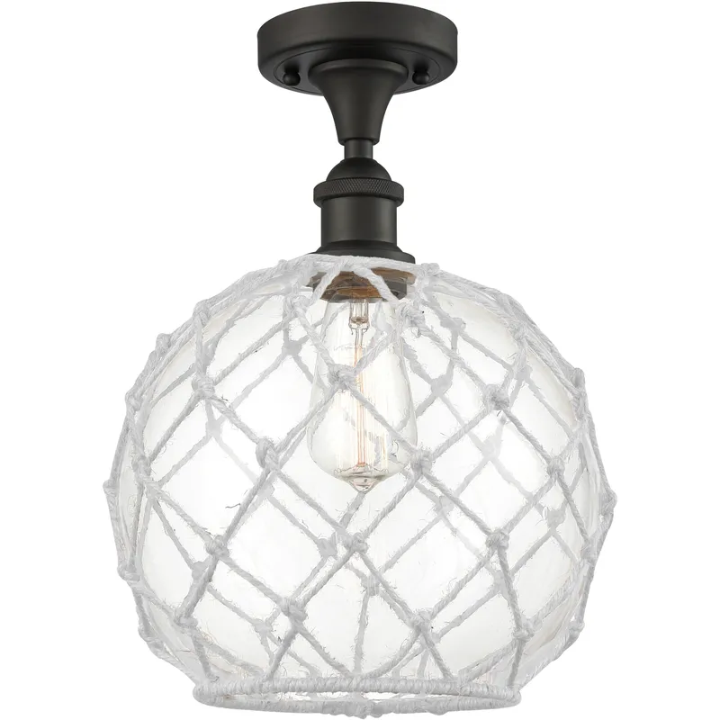 Edison Farmhouse Rope 1 Light 10 inch Oil Rubbed Bronze Semi-Flush Mount Ceiling Light in Clear Glass with White Rope