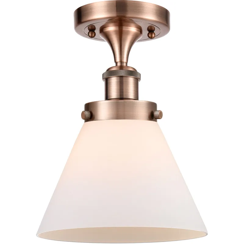 Ballston Large Cone LED 8 inch Antique Copper Semi-Flush Mount Ceiling Light in Matte White Glass