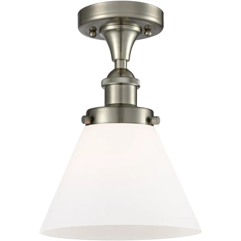 Ballston Large Cone LED 8 inch Brushed Satin Nickel Semi-Flush Mount Ceiling Light in Matte White Glass, Ballston