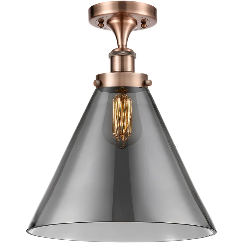 Ballston X-Large Cone 1 Light 8 inch Antique Copper Semi-Flush Mount Ceiling Light in Light Smoke Glass