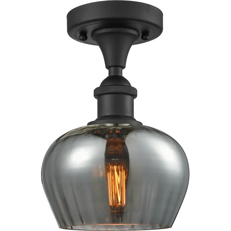 Edison Fenton 1 Light 6.5 inch Matte Black Semi-Flush Mount Ceiling Light in Plated Smoke Glass