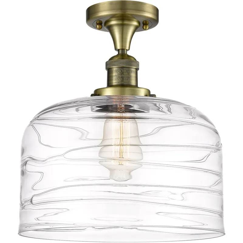 Franklin Restoration Bell LED 12 inch Antique Brass Semi-Flush Mount Ceiling Light in Clear Deco Swirl Glass