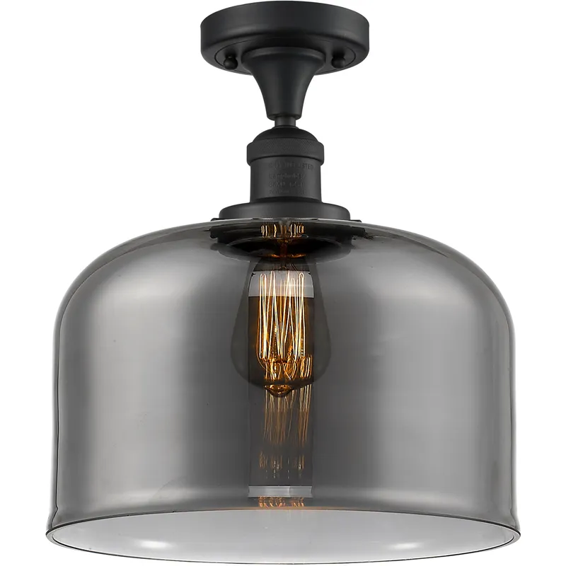 Franklin Restoration X-Large Bell LED 12 inch Matte Black Semi-Flush Mount Ceiling Light in Plated Smoke Glass, Franklin Restoration