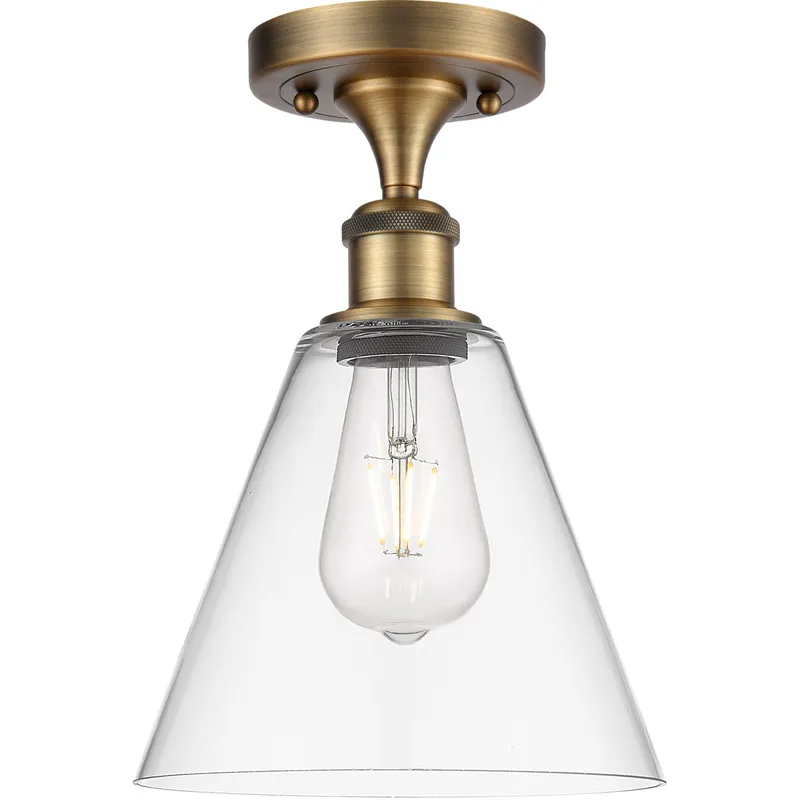 Ballston Cone 1 Light 8 inch Brushed Brass Semi-Flush Mount Ceiling Light in Clear Glass