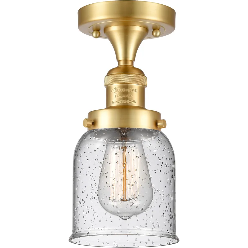 Franklin Restoration Small Bell 1 Light 5 inch Satin Gold Semi-Flush Mount Ceiling Light in Seedy Glass, Franklin Restoration