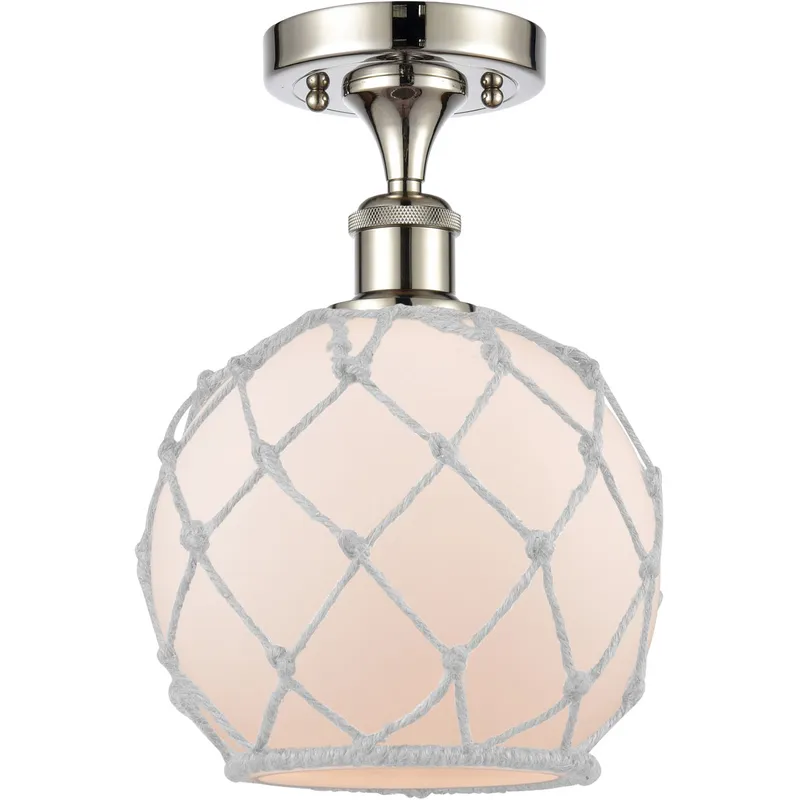 Ballston Farmhouse Rope LED 8 inch Polished Nickel Semi-Flush Mount Ceiling Light in White Glass with White Rope, Ballston