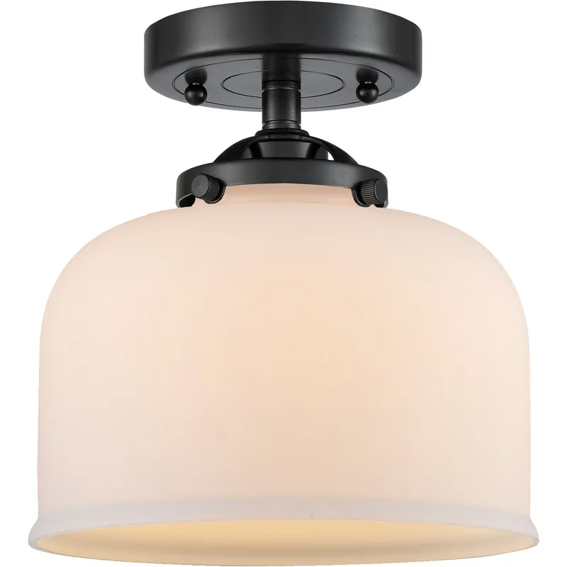 Nouveau Large Bell LED 8 inch Oil Rubbed Bronze Semi-Flush Mount Ceiling Light in Matte White Glass, Nouveau