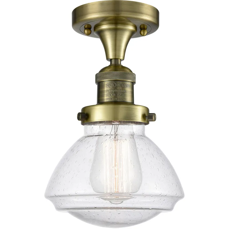 Franklin Restoration Olean 1 Light 6.75 inch Antique Brass Semi-Flush Mount Ceiling Light in Seedy Glass, Franklin Restoration