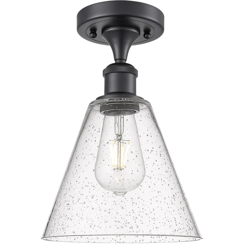 Ballston Cone 1 Light 8 inch Matte Black Semi-Flush Mount Ceiling Light in Seedy Glass