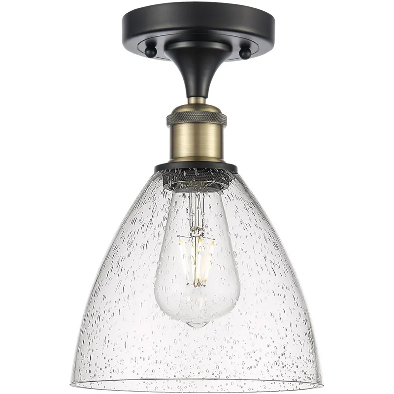 Ballston Dome LED 7.5 inch Black Antique Brass Semi-Flush Mount Ceiling Light in Seedy Glass