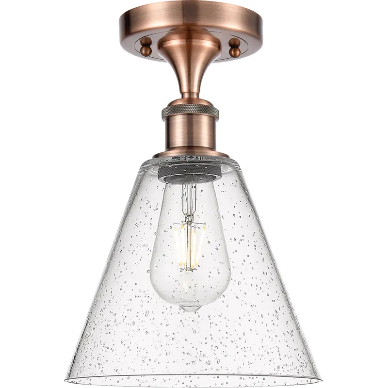 Ballston Cone 1 Light 8 inch Antique Copper Semi-Flush Mount Ceiling Light in Seedy Glass