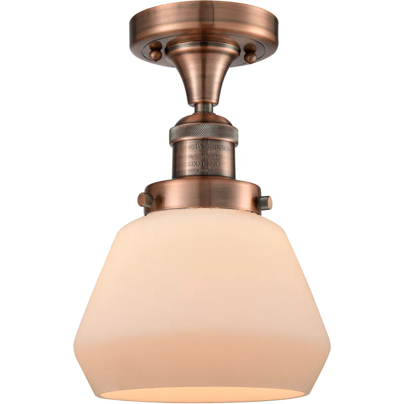 Franklin Restoration Fulton LED 6.75 inch Antique Copper Semi-Flush Mount Ceiling Light in Matte White Glass, Franklin Restoration