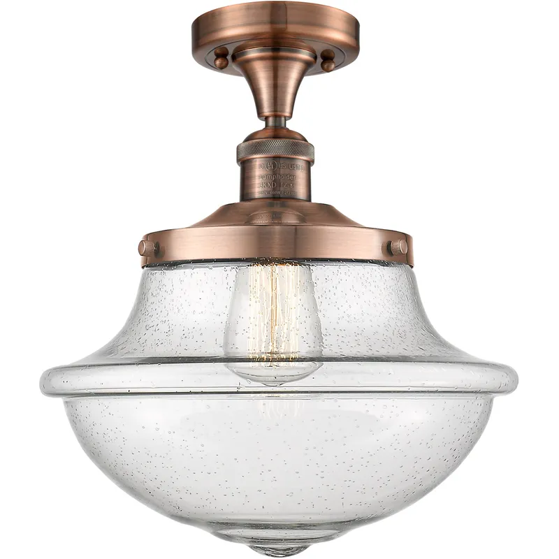 Franklin Restoration Large Oxford 1 Light 12 inch Antique Copper Semi-Flush Mount Ceiling Light in Seedy Glass, Franklin Restoration