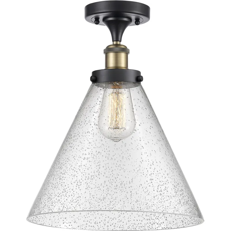 Ballston X-Large Cone 1 Light 8 inch Black Antique Brass Semi-Flush Mount Ceiling Light in Seedy Glass