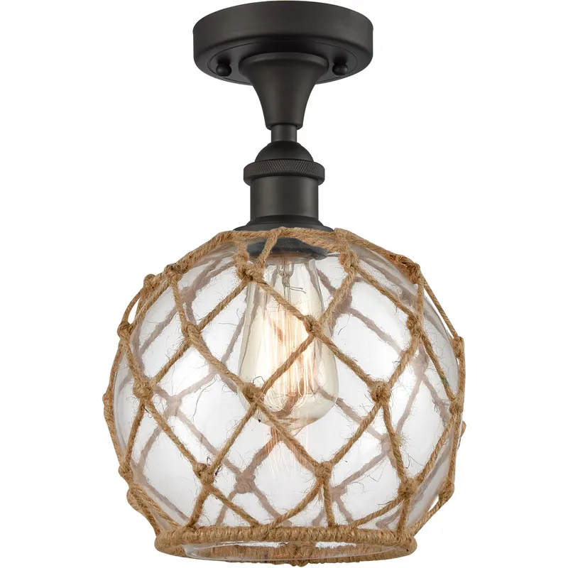 Ballston Farmhouse Rope LED 8 inch Oil Rubbed Bronze Semi-Flush Mount Ceiling Light in Clear Glass with Brown Rope, Ballston