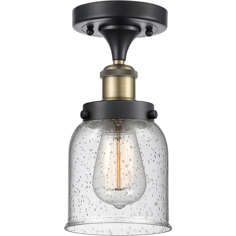 Bell 1 Light 5 inch Black Antique Brass Semi-Flush Mount Ceiling Light in Seedy Glass