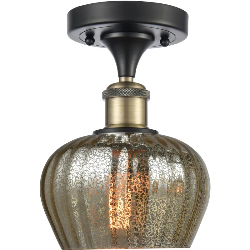Fenton 1 Light 6.5 inch Black Antique Brass Semi-Flush Mount Ceiling Light in Mercury Glass
