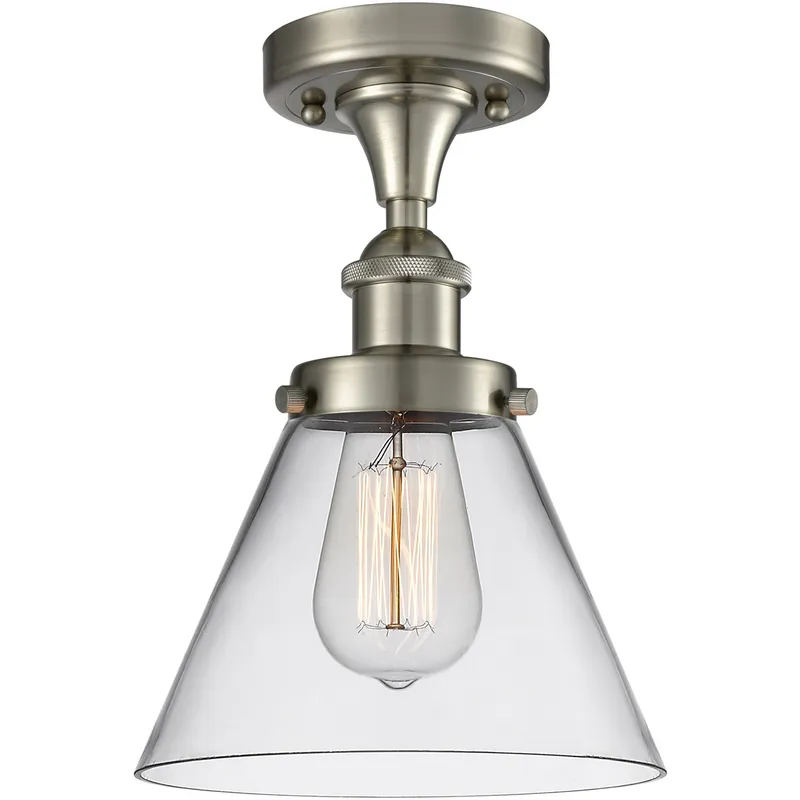 Ballston Large Cone LED 8 inch Brushed Satin Nickel Semi-Flush Mount Ceiling Light in Clear Glass, Ballston