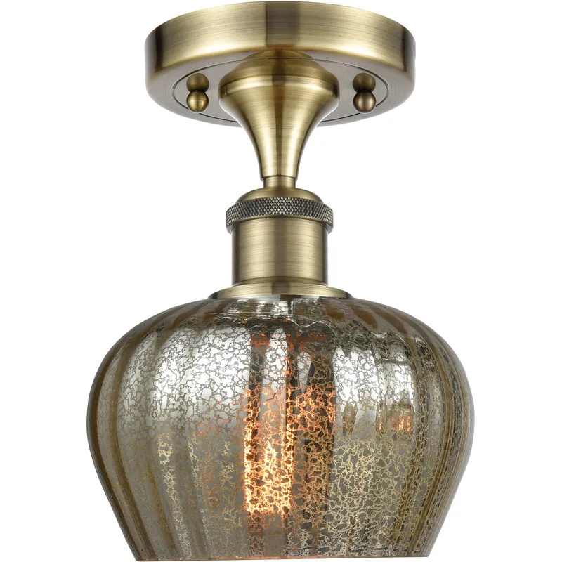 Fenton 1 Light 6.5 inch Antique Brass Semi-Flush Mount Ceiling Light in Mercury Glass