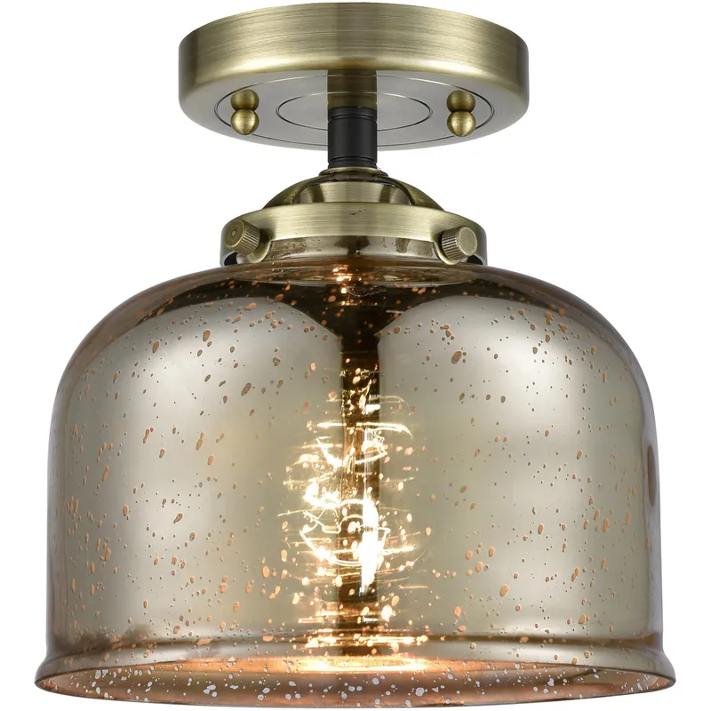 Nouveau Large Bell LED 8 inch Black Antique Brass Semi-Flush Mount Ceiling Light in Silver Plated Mercury Glass, Nouveau