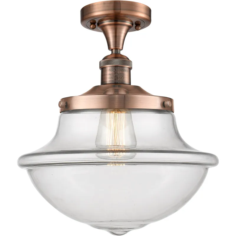 Franklin Restoration Large Oxford 1 Light 12 inch Antique Copper Semi-Flush Mount Ceiling Light in Clear Glass, Franklin Restoration