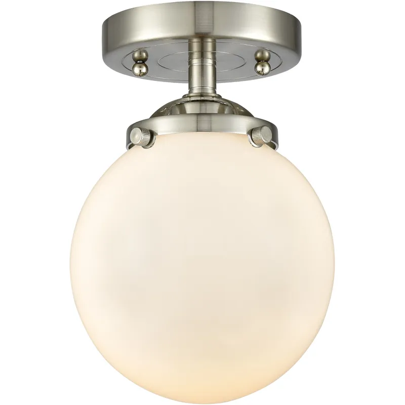 Nouveau Beacon LED 6 inch Brushed Satin Nickel Semi-Flush Mount Ceiling Light in Matte White Glass, Nouveau