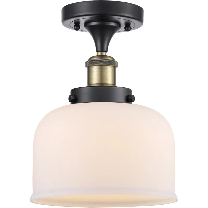 Ballston Large Bell 1 Light 8 inch Black Antique Brass Semi-Flush Mount Ceiling Light in Matte White Glass