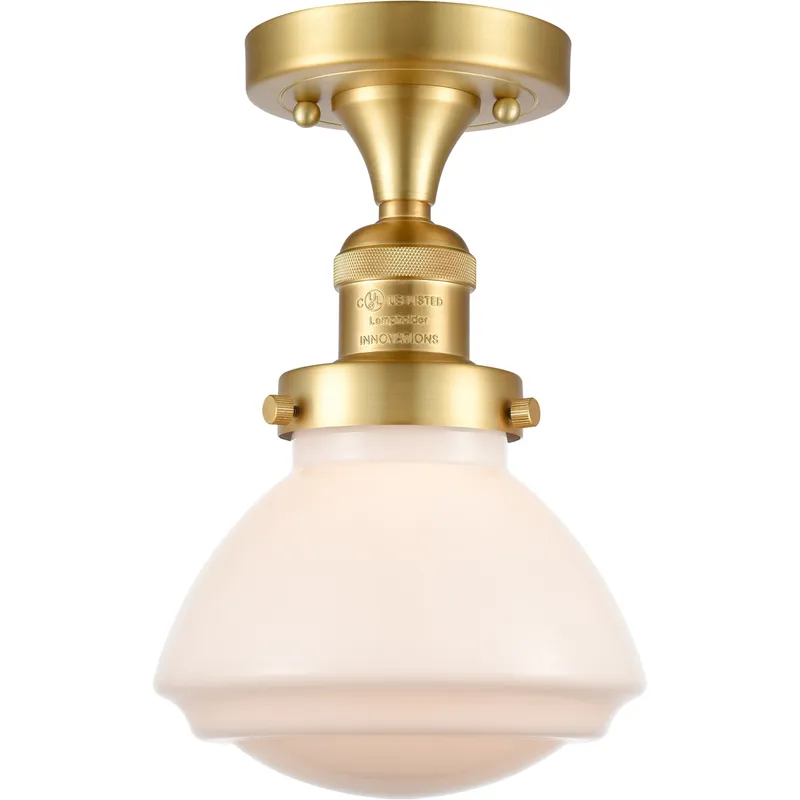Franklin Restoration Olean 1 Light 7 inch Satin Gold Semi-Flush Mount Ceiling Light in Matte White Glass, Franklin Restoration